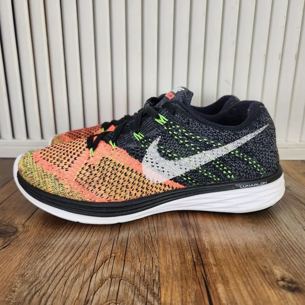 Nike Flyknit Lunar 3 Running Shoes Womens Sz 8 Black Hot Lava Sneaker 698182-007